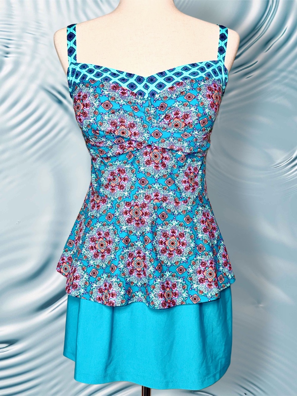 Isaac Mizrahi Live! Turquoise and Pink Paisley Swim Top With Skirted Bottom